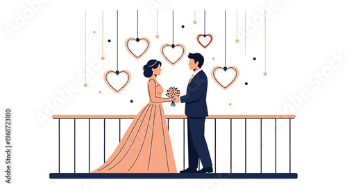 Wedding Couple Holding Hands on Balcony with Heart Decorations