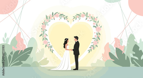 Wedding Couple Holding Hands Inside Floral Heart Arch - Love & Romance