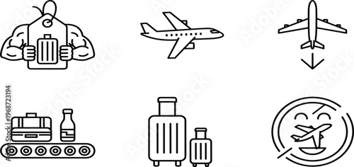 Vector, black, outline, illustration, set, of, various, airplane, icons, suitcases, luggage, conveyor, belt, and, travel, tags, for, aviation, tourism, and, transport, 
