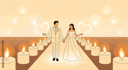Wedding Couple Holding Hands on Candlelit Aisle with Heart Illustrations
