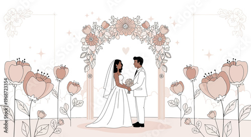 Wedding Couple Holding Hands Under Floral Arch, Romantic Ceremony Illustration