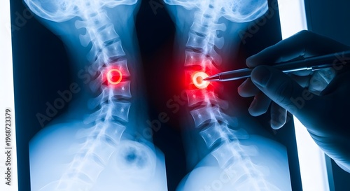 Cervical spine x-ray with neck vertebrae injury. Medical diagnosis and spinal healthcare. Doctor pointing at inflamed neck disk on radiograph scan
