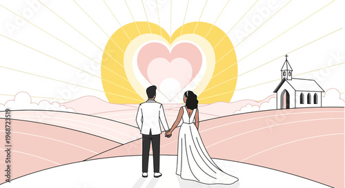 Wedding Couple Holding Hands, Sunrise Heart Symbol, Church Background