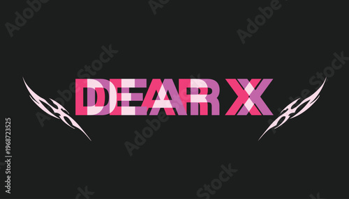 Dear X Modern Glitch Typography Design with Pink and Purple Overlapping Vector Letters and Tribal Wing Accents on Sleek Dark Background