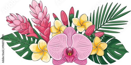 Tropical floral bouquet vector illustration featuring orchid frangipani plumeria and monstera leaves for exotic summer wedding and botanical spa beauty design