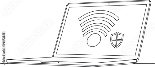 Minimalist continuous line drawing of laptop with wifi signal and security shield, secure wireless connection vector, cyber security concept art