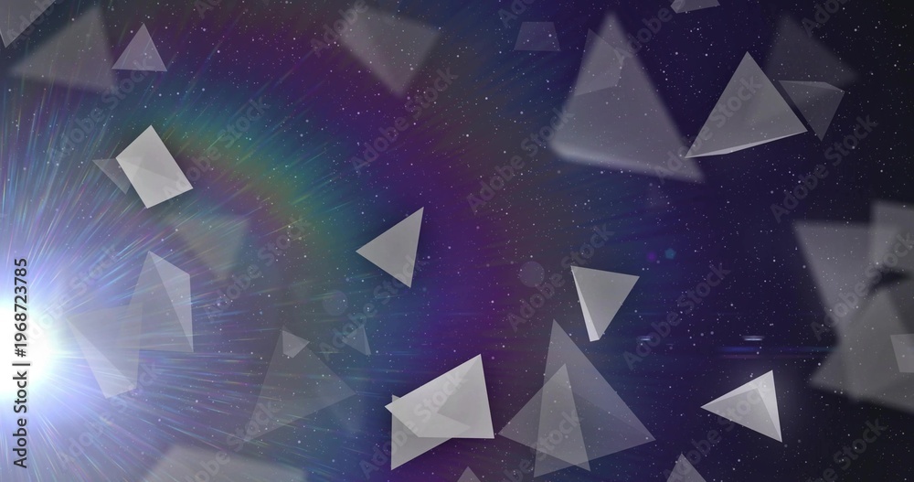 Fototapeta premium Sending bright white lens flare creating radial streaks over starfield with triangles, copy space