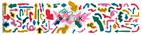 Cut out of craft colored paper hand drawn doodle arrows collection. Funny paper clippings and trendy elements set for collage and scrapbook. Vector illustration isolated on transparent background