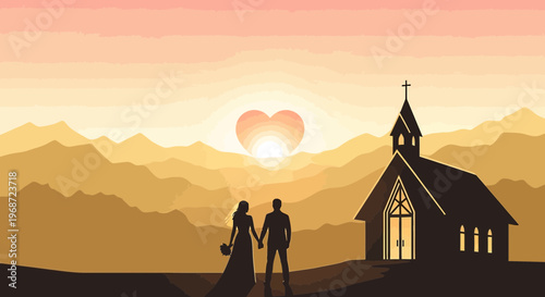 Wedding Couple Holding Hands at Sunset with Heart Sun and Church Silhouette