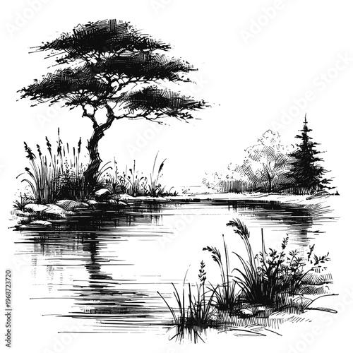 Line art sketch drawing of a tranquil pond surrounded by vegetation. On the left, a large tree with a broad canopy vector svg