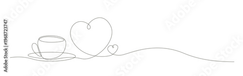 single line drawing features a tea cup or coffee cup and two heart