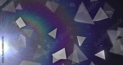 Sending bright white lens flare creating radial streaks over starfield with triangles, copy space