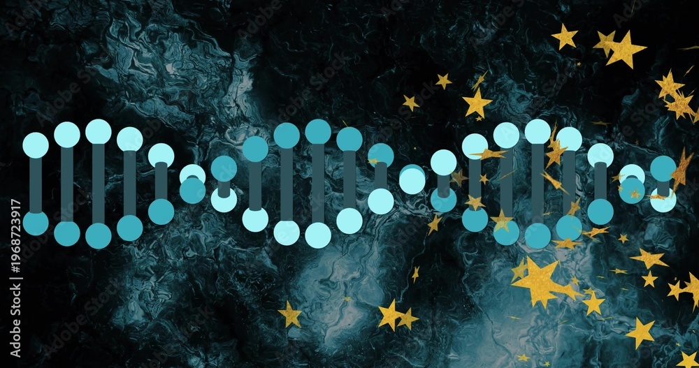Fototapeta premium Displaying stylized DNA helix with blue nodes and teal bars on teal-black marble, with gold stars