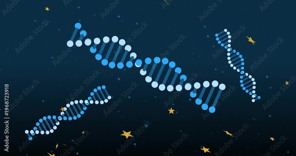 Naklejka premium Depicting big DNA helix tilting in dark gradient, small helixes, blue nodes, bars, gold stars, dots