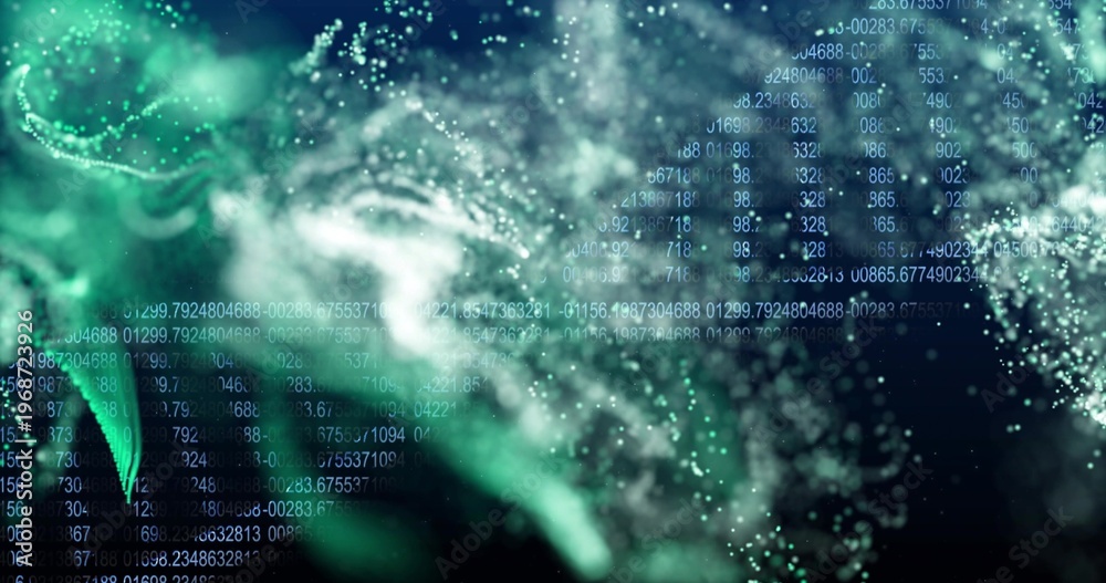 Fototapeta premium Swirling green white particle clouds and glowing numbers forming digital space, with bokeh points