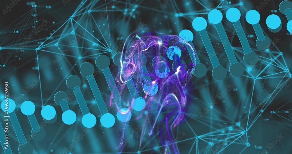 Fototapeta premium Merging central purple nebula cluster blending with turquoise DNA helix in digital lab, with nodes