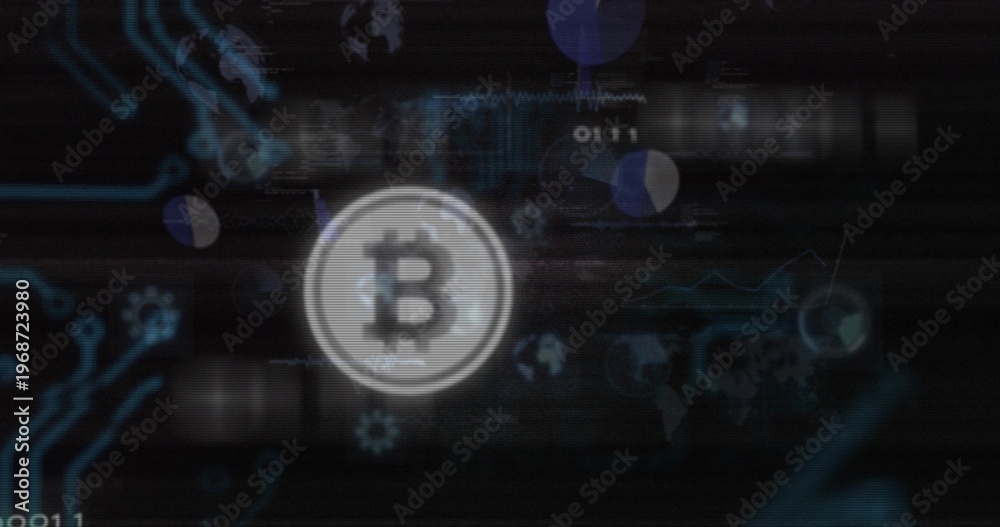 Obraz premium Glowing Bitcoin token hovering in dark blockchain dashboard with cyan circuits, charts, glitch