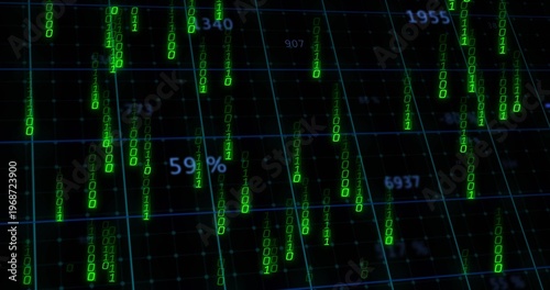 Streaming neon green binary streams flowing over teal-blue 3D grid plane, displaying 59%