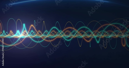Pulsing neon waveform spanning on dark canvas, with teal cyan orange yellow lines and dotted trails