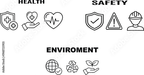 HSE (Health, Safety, and Environment) Icon Set: Minimalist Flat Line Art Pictograms for Industrial Safety and Wellness