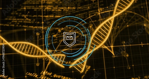 Displaying golden DNA double helix crossing dark gridded plane, featuring blue HUD, shield envelope