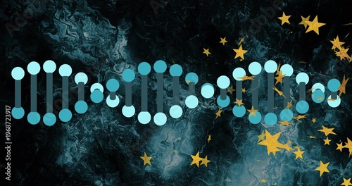 Displaying stylized DNA helix with blue nodes and teal bars on teal-black marble, with gold stars