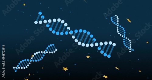 Depicting big DNA helix tilting in dark gradient, small helixes, blue nodes, bars, gold stars, dots