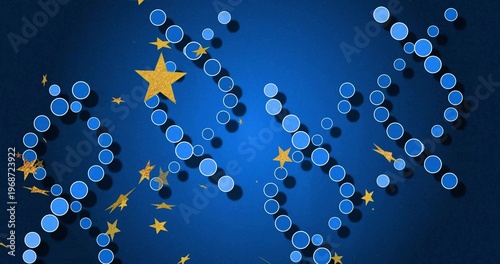 Flowing blue-disc chains with white outlines casting drop shadows on deep-blue backdrop, gold stars