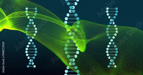 Flowing neon-green mesh ribbon sweeping across deep teal digital canvas, with pale-blue DNA motifs