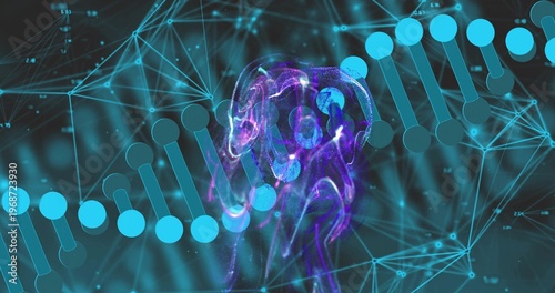 Merging central purple nebula cluster blending with turquoise DNA helix in digital lab, with nodes