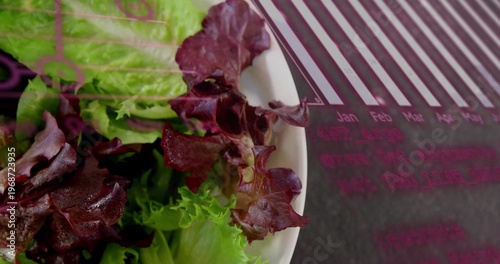 Featuring white ceramic bowl holding green burgundy lettuce mix on tabletop, with calendar placemat