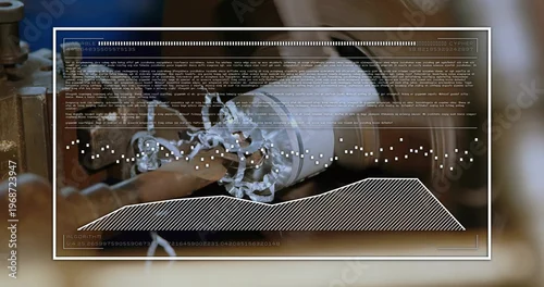 Fototapeta Spinning wooden blank on lathe and cutting tool producing shavings at shop, HUD overlay