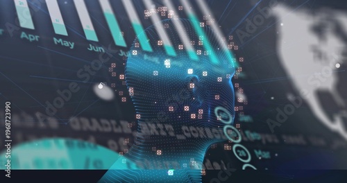 Displaying blue wireframe head rotating in virtual analytics dashboard, with bar chart Apr May Jun