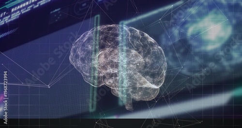 Floating 3D brain hologram pulsing in research lab, with vertical light bars, grid nodes and panels