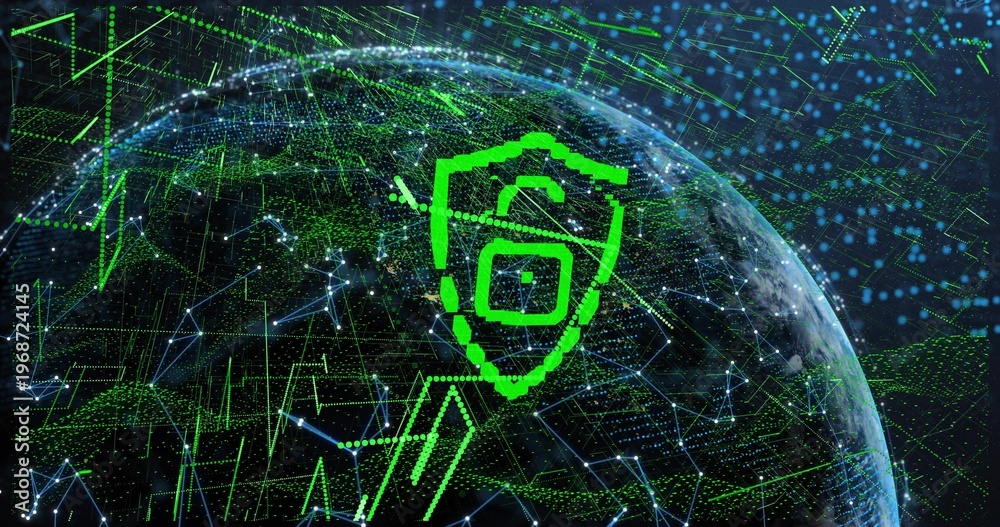 Fototapeta premium Hovering neon-green shield showing padlock above transparent Earth from orbit, with circuit grid