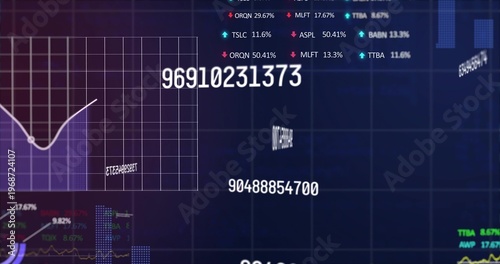 Showing numeric string 96910231373 on navy display, purple grid, pale bar and colored tickers