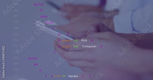 Holding two adults wearing light sleeves tapping phone in office, showing Risk Computer Hacker