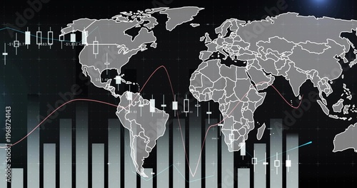 Displaying grayscale world map on trading dashboard with candlesticks bars red and cyan trend lines