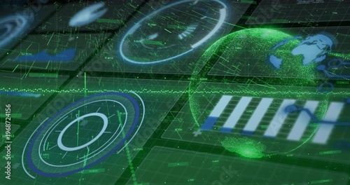 Displaying holographic green globe hovering on right side of control console, with radar rings