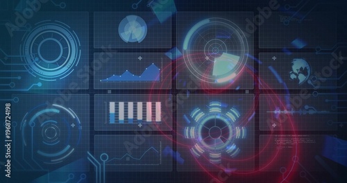 Displaying central 3x3 dashboard grid on dark tech grid, showing radar HUDs, ring gauges, charts