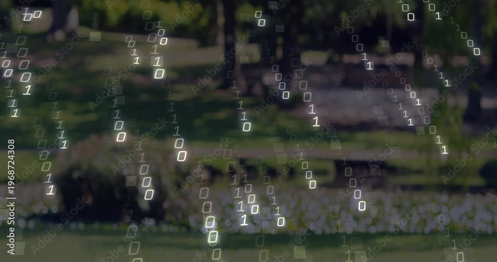 Fototapeta premium Floating semi-transparent binary digits falling over blurred public park, with benches and trees