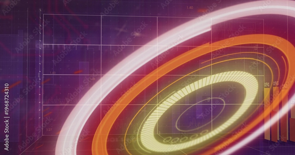 Naklejka premium Spinning large ringed HUD target casting glowing arcs inside digital console, with grids labels