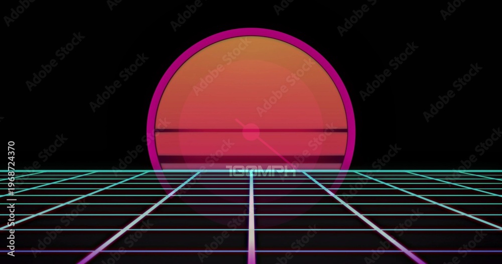 Fototapeta premium Glowing large stylized sun hovering above retro-futuristic neon grid floor, with 100MPH text