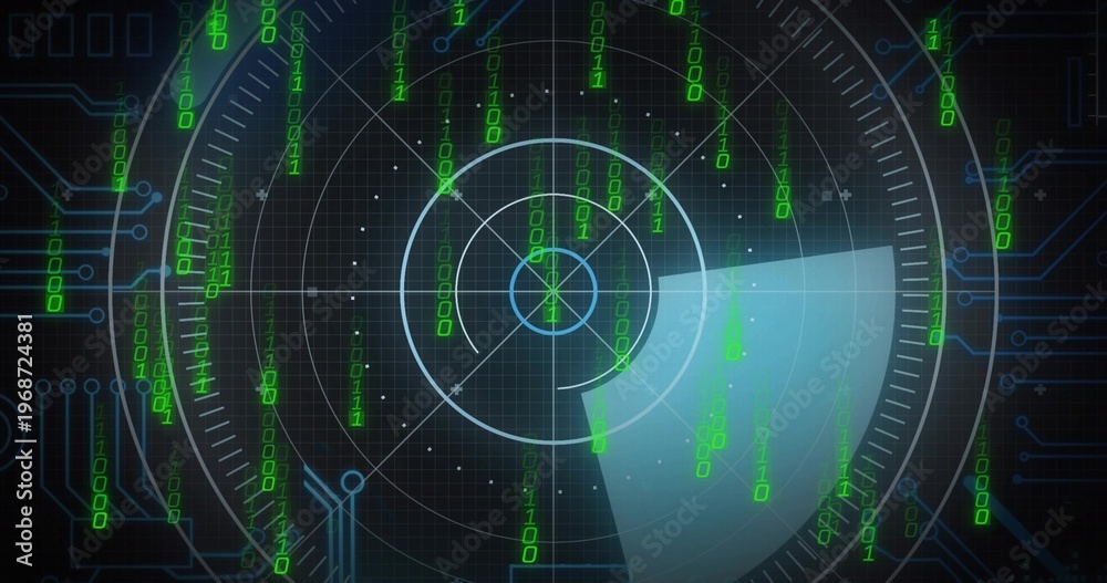 Naklejka premium Displaying radar UI scanning digital display, showing concentric rings and falling binary digits