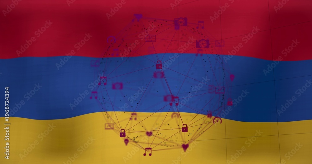 Naklejka premium Displaying transparent sphere network over tricolor flag, showing envelope padlock camera icons