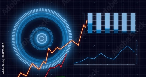 Displaying large glowing concentric HUD on left of analytics dashboard, with orange line, cyan bars