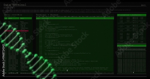 Displaying terminal three-pane console on dark workstation, showing green code and neon DNA overlay