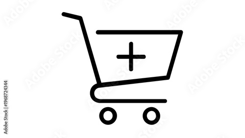 Minimalist black line vector icon of a shopping cart with a plus symbol, perfect for e-commerce websites, mobile apps, and retail interfaces, scalable flat illustration for digital commerce.