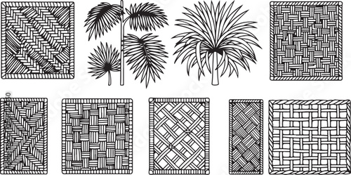 Geometric and palm leaf patterns in black and white grid designs Vector