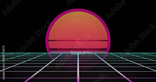 Glowing large stylized sun hovering above retro-futuristic neon grid floor, with 100MPH text